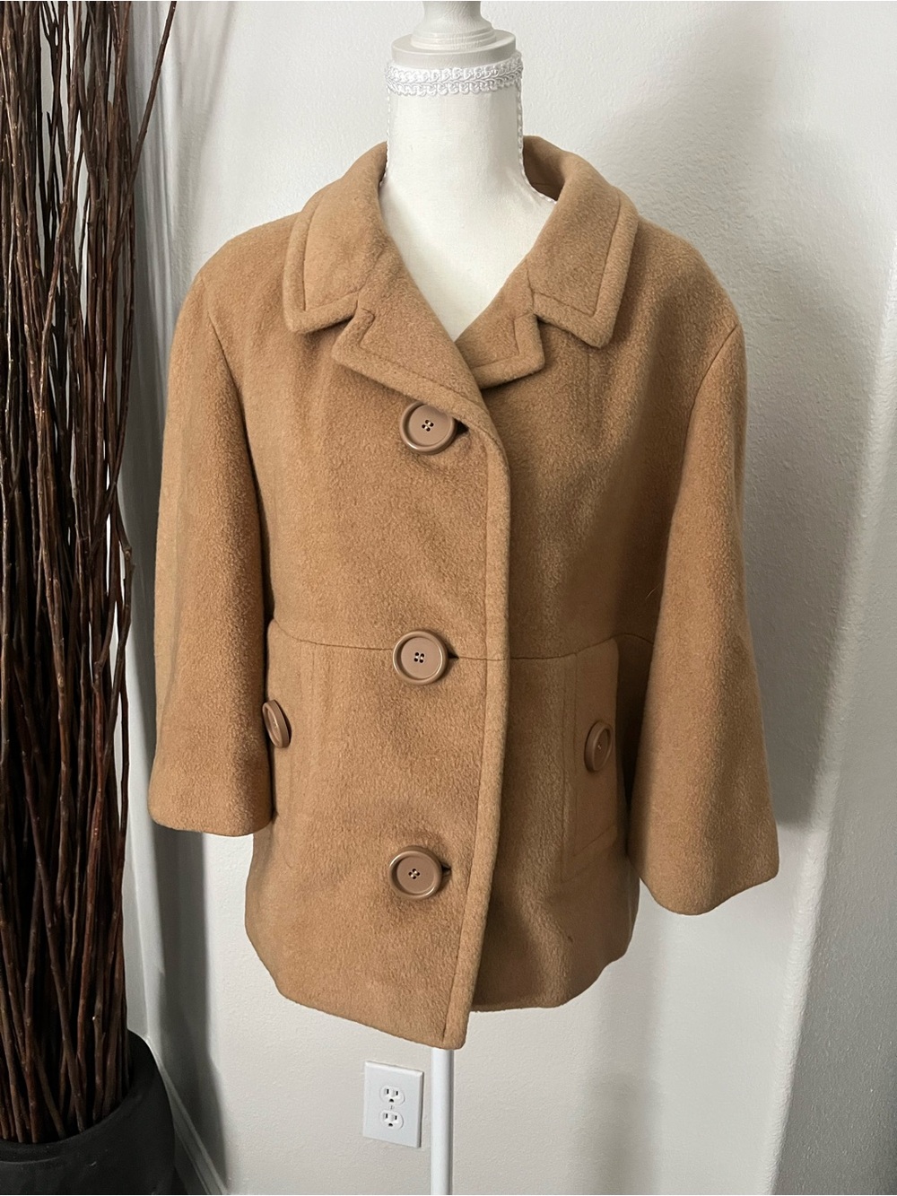 Classic Camel Pea Coat - Button Front Short Coat